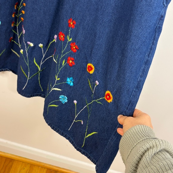 Chambray Dress Womens 2X Blue Jean Embroidered Floral Short Sleeve Prairie Midi - Picture 10 of 13